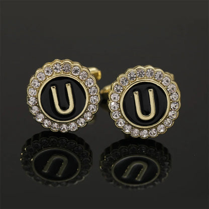 Alphabet Cufflinks A-Z - Crystal Rhinestone Round Initials for Mens Tuxedo Shirts - ZOOMNSTORE