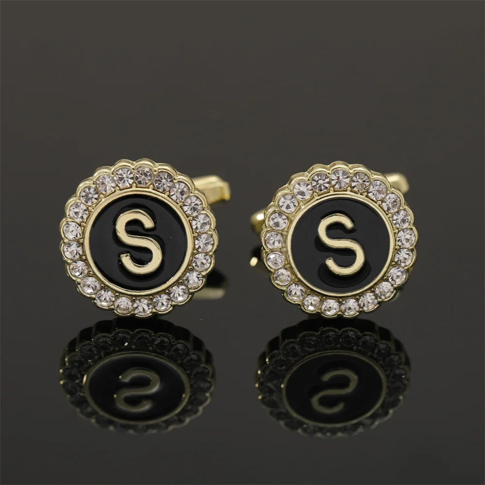 Alphabet Cufflinks A-Z - Crystal Rhinestone Round Initials for Mens Tuxedo Shirts - ZOOMNSTORE