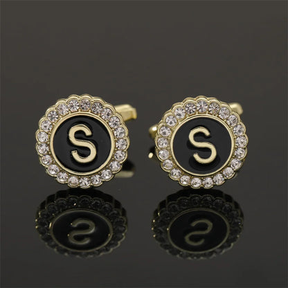 Alphabet Cufflinks A-Z - Crystal Rhinestone Round Initials for Mens Tuxedo Shirts - ZOOMNSTORE