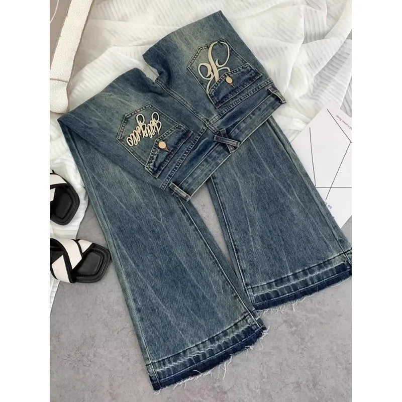 American retro low-waisted jeans female autumn new embroidery old casual fashion temperament slim Joker bell bottoms. - ZOOMNSTORE