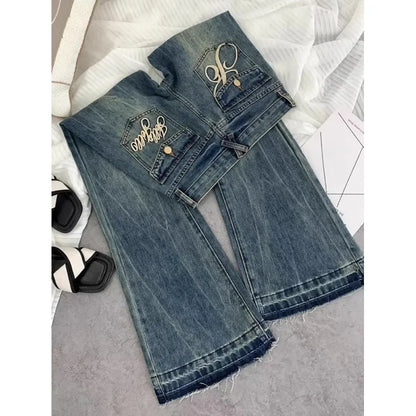 American retro low-waisted jeans female autumn new embroidery old casual fashion temperament slim Joker bell bottoms. - ZOOMNSTORE