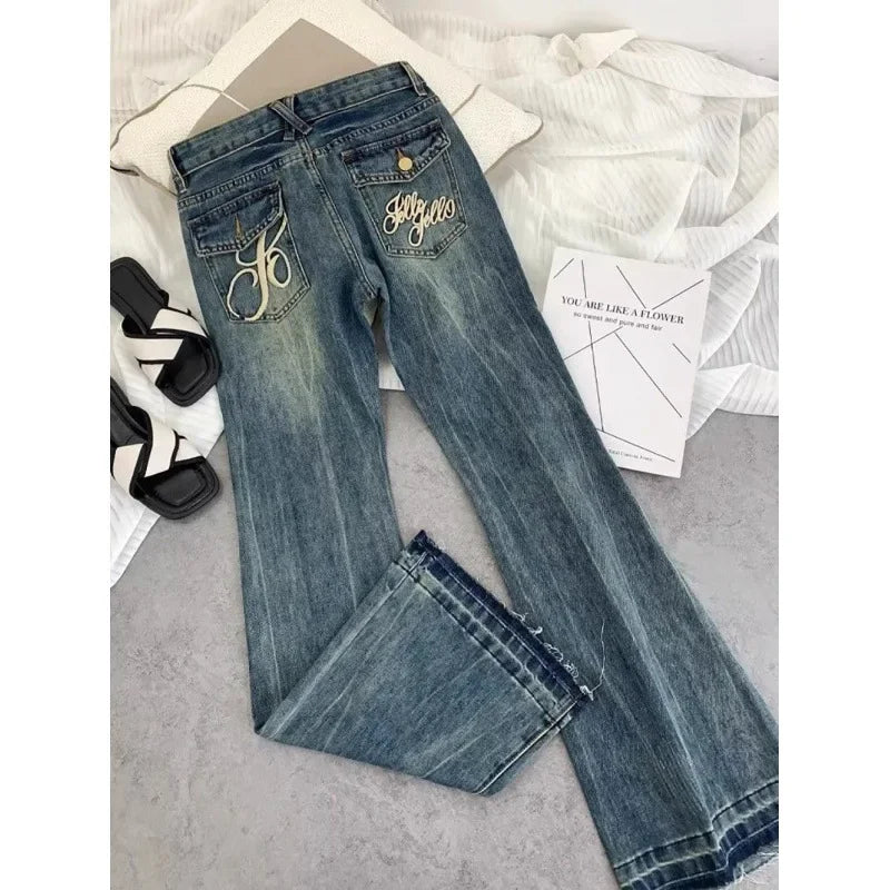 American retro low-waisted jeans female autumn new embroidery old casual fashion temperament slim Joker bell bottoms. - ZOOMNSTORE