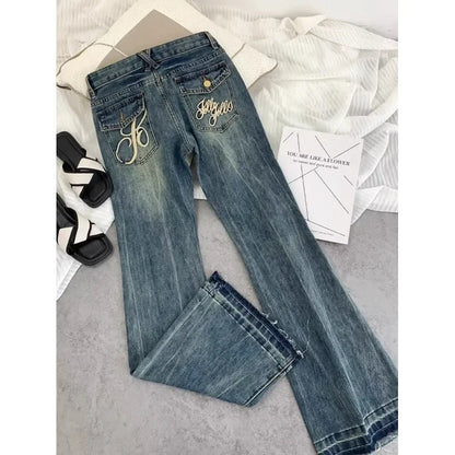 American retro low-waisted jeans female autumn new embroidery old casual fashion temperament slim Joker bell bottoms. - ZOOMNSTORE