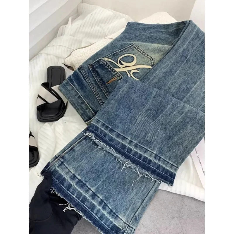 American retro low-waisted jeans female autumn new embroidery old casual fashion temperament slim Joker bell bottoms. - ZOOMNSTORE