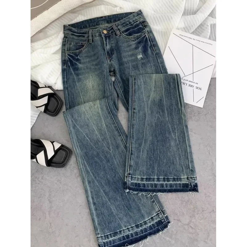American retro low-waisted jeans female autumn new embroidery old casual fashion temperament slim Joker bell bottoms. - ZOOMNSTORE
