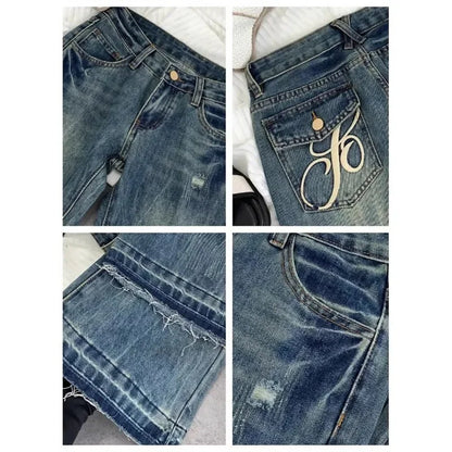 American retro low-waisted jeans female autumn new embroidery old casual fashion temperament slim Joker bell bottoms. - ZOOMNSTORE
