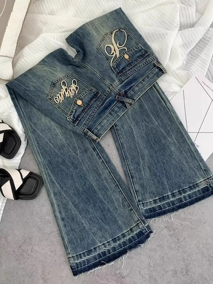 American retro low-waisted jeans female autumn new embroidery old casual fashion temperament slim Joker bell bottoms. - ZOOMNSTORE