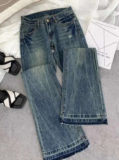 American retro low-waisted jeans female autumn new embroidery old casual fashion temperament slim Joker bell bottoms. - ZOOMNSTORE