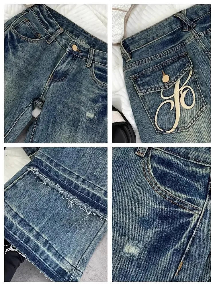 American retro low-waisted jeans female autumn new embroidery old casual fashion temperament slim Joker bell bottoms. - ZOOMNSTORE