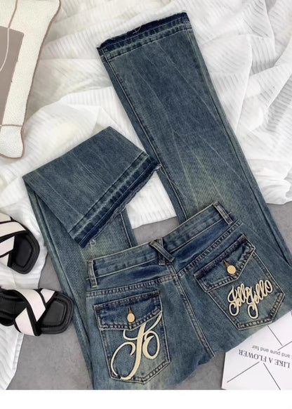 American retro low-waisted jeans female autumn new embroidery old casual fashion temperament slim Joker bell bottoms. - ZOOMNSTORE