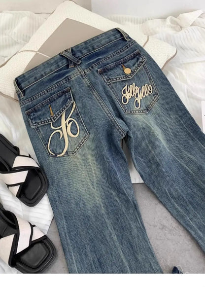 American retro low-waisted jeans female autumn new embroidery old casual fashion temperament slim Joker bell bottoms. - ZOOMNSTORE