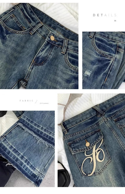 American retro low-waisted jeans female autumn new embroidery old casual fashion temperament slim Joker bell bottoms. - ZOOMNSTORE