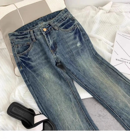 American retro low-waisted jeans female autumn new embroidery old casual fashion temperament slim Joker bell bottoms. - ZOOMNSTORE