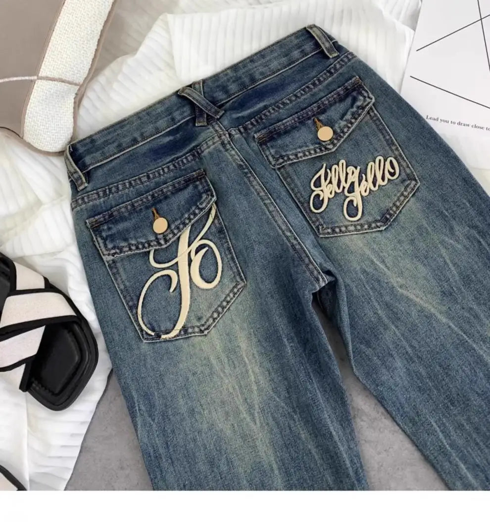 American retro low-waisted jeans female autumn new embroidery old casual fashion temperament slim Joker bell bottoms. - ZOOMNSTORE