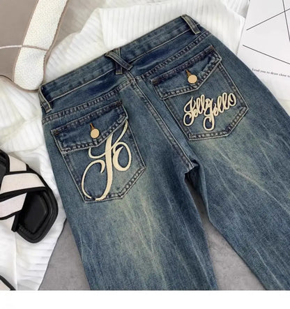 American retro low-waisted jeans female autumn new embroidery old casual fashion temperament slim Joker bell bottoms. - ZOOMNSTORE