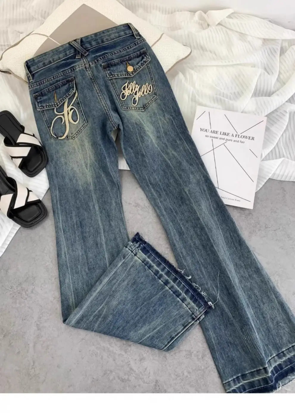 American retro low-waisted jeans female autumn new embroidery old casual fashion temperament slim Joker bell bottoms. - ZOOMNSTORE
