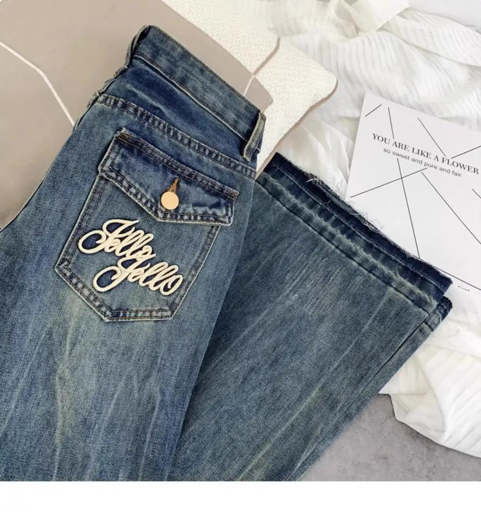 American retro low-waisted jeans female autumn new embroidery old casual fashion temperament slim Joker bell bottoms. - ZOOMNSTORE