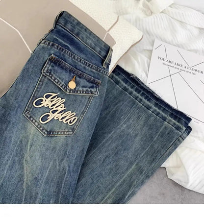 American retro low-waisted jeans female autumn new embroidery old casual fashion temperament slim Joker bell bottoms. - ZOOMNSTORE