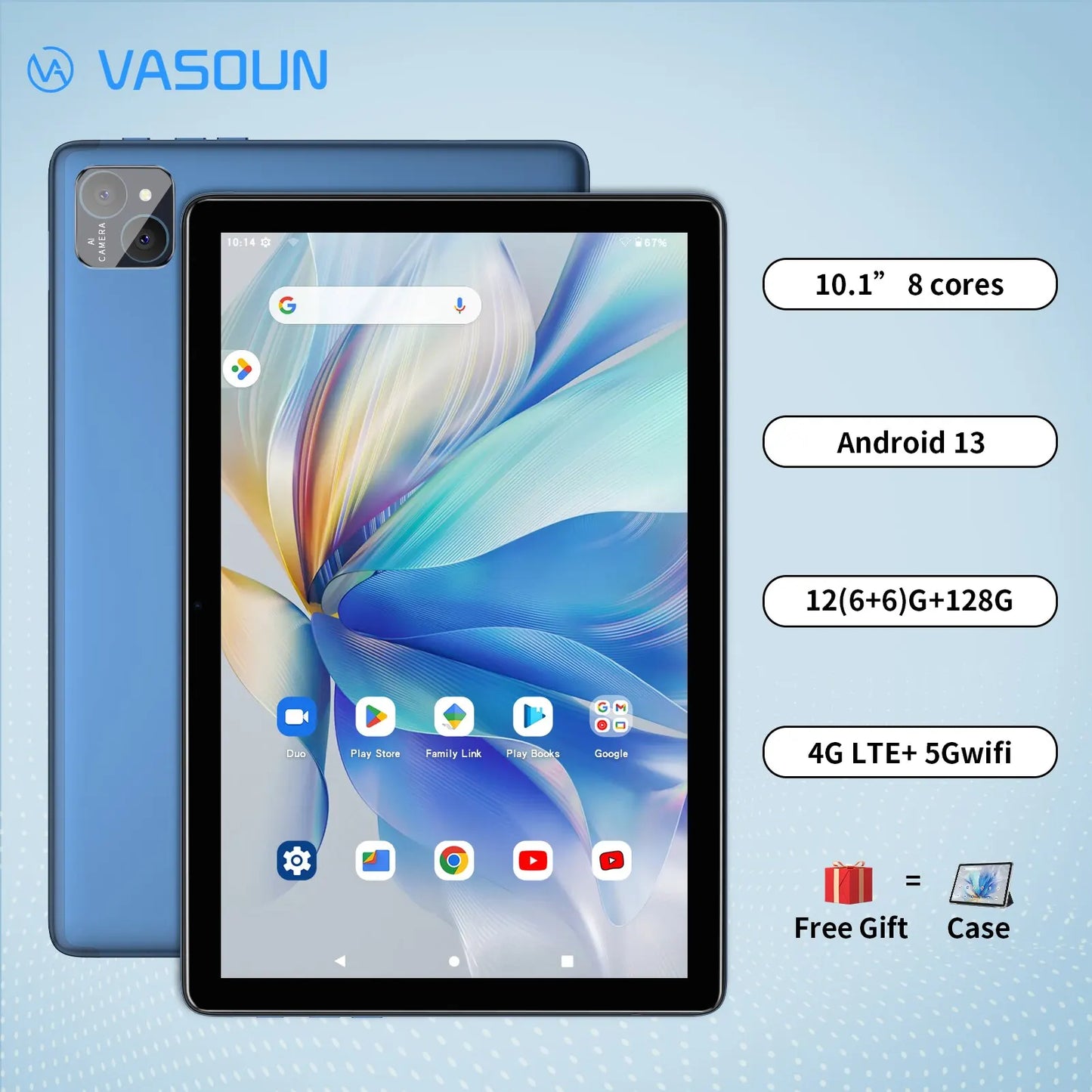 VASOUN 101 Android 14 Tablet - 12GB RAM 128GB Storage Octa-Core Dual SIM 4G WiFi GPS - ZOOMNSTORE
