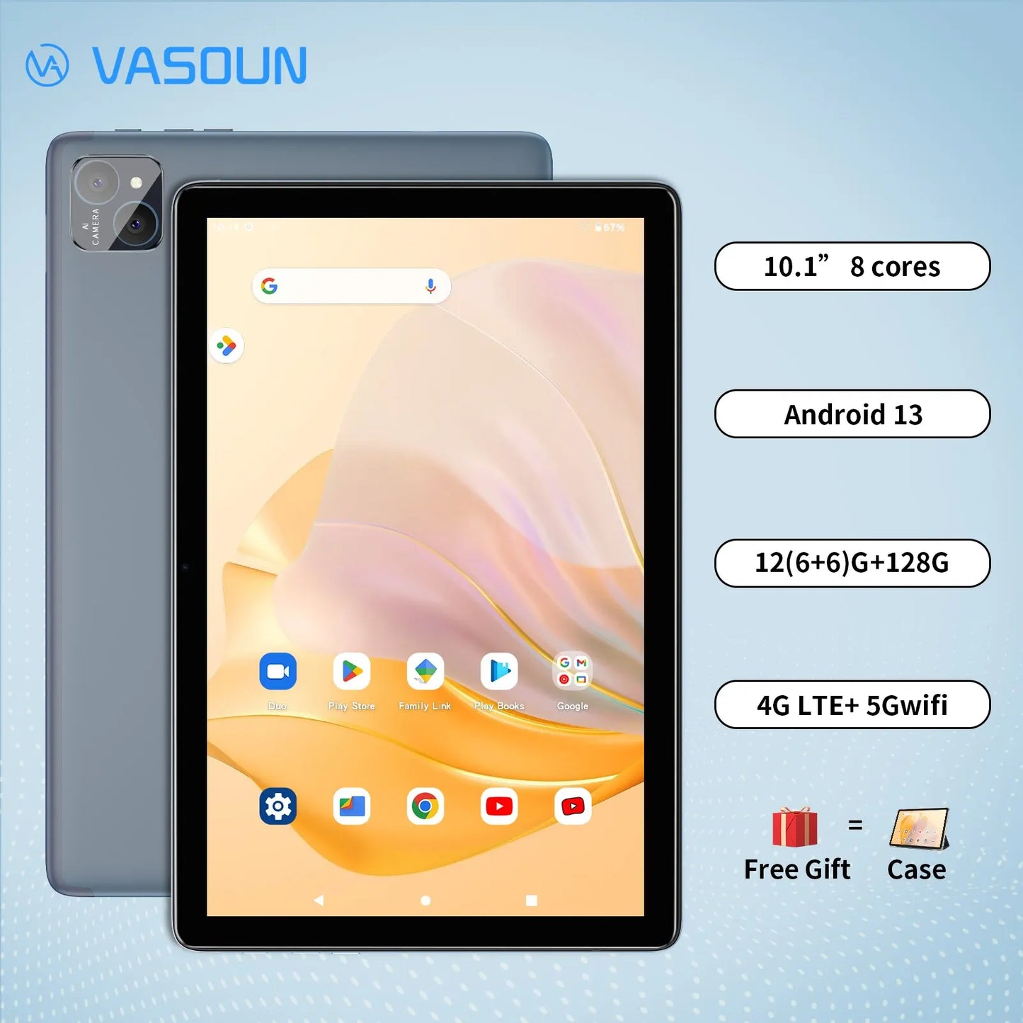 VASOUN 101 Android 14 Tablet - 12GB RAM 128GB Storage Octa-Core Dual SIM 4G WiFi GPS - ZOOMNSTORE