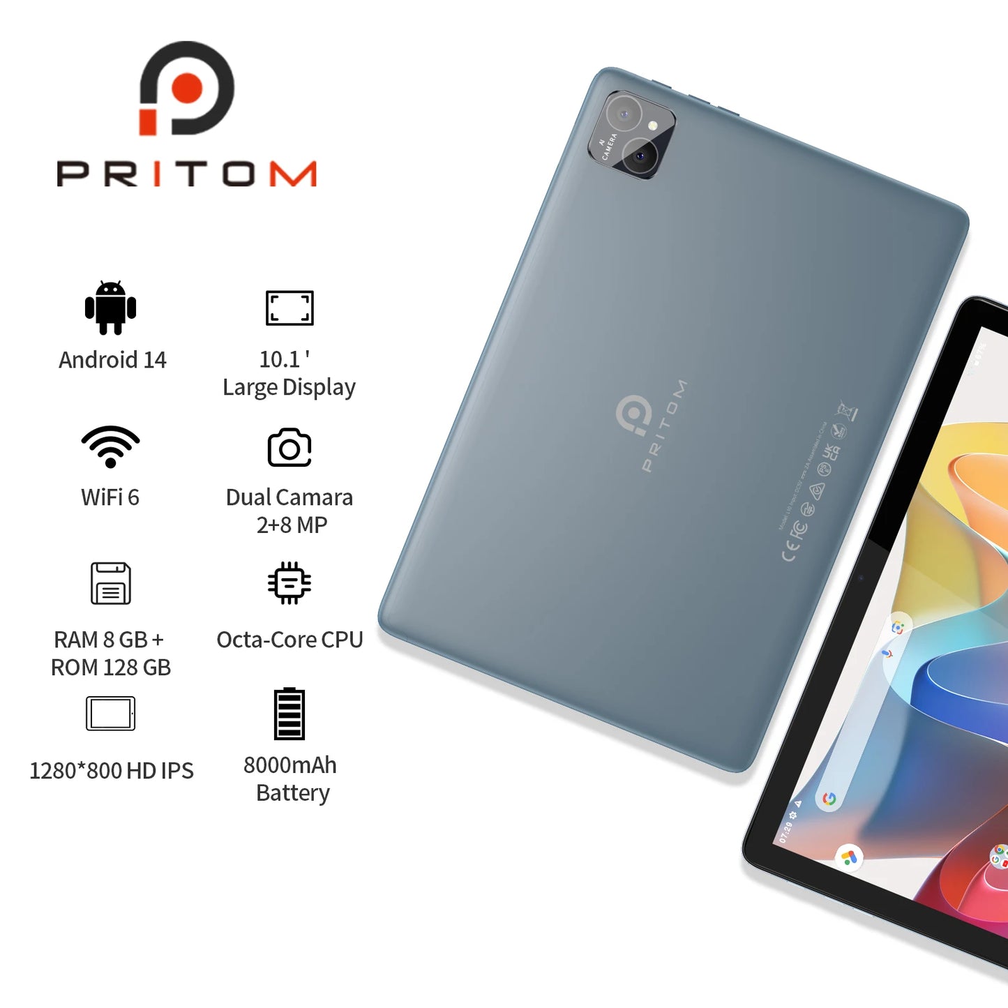 PRITOM TAB11 Android 14 Tablet 10 Inch, 8GB(4+4 Expand) RAM + 128GB ROM, Octa Core, 5G WiFi, with Keyboard, Mouse, Case - ZOOMNSTORE