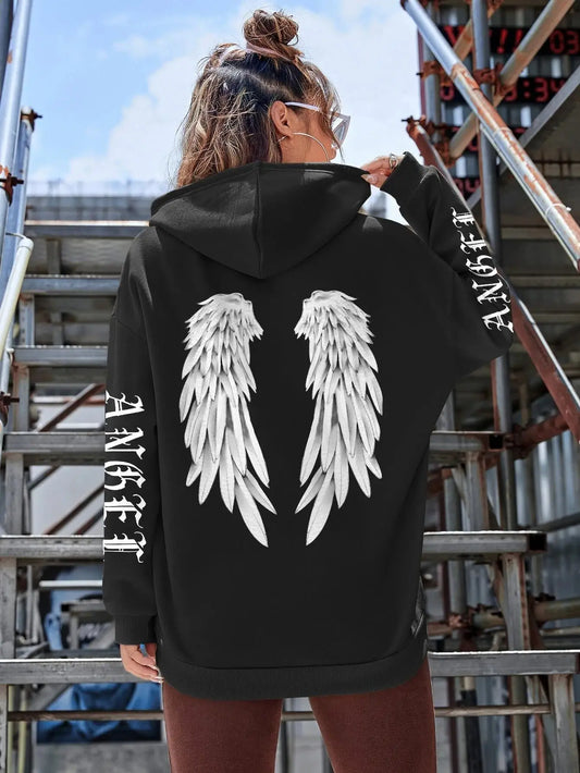 Angel Wings Printed Hoodie - Womens Warm Casual Hoody - ZOOMNSTORE
