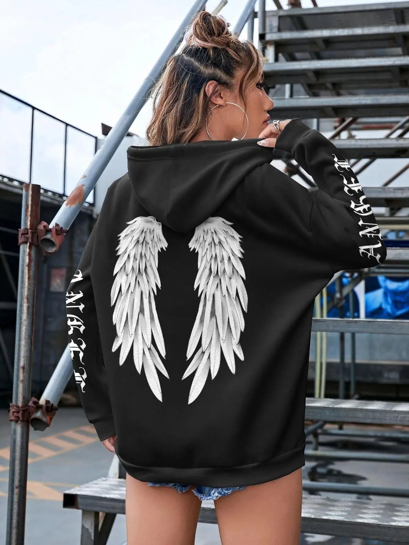 Angel Wings Printed Hoodie - Womens Warm Casual Hoody - ZOOMNSTORE