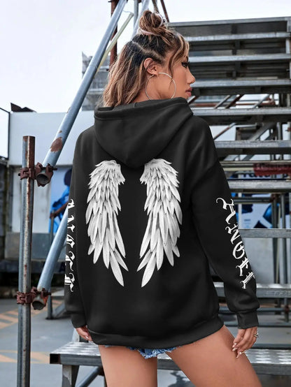 Angel Wings Printed Hoodie - Womens Warm Casual Hoody - ZOOMNSTORE
