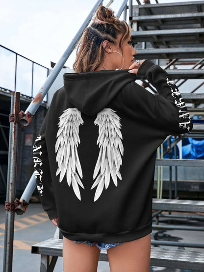 Angel Wings Printed Hoodie - Womens Warm Casual Hoody - ZOOMNSTORE