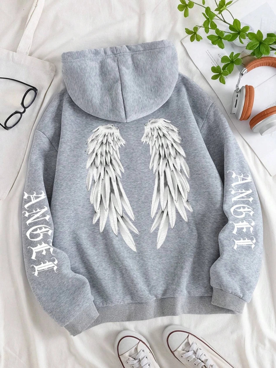 Angel Wings Printed Hoodie - Womens Warm Casual Hoody - ZOOMNSTORE