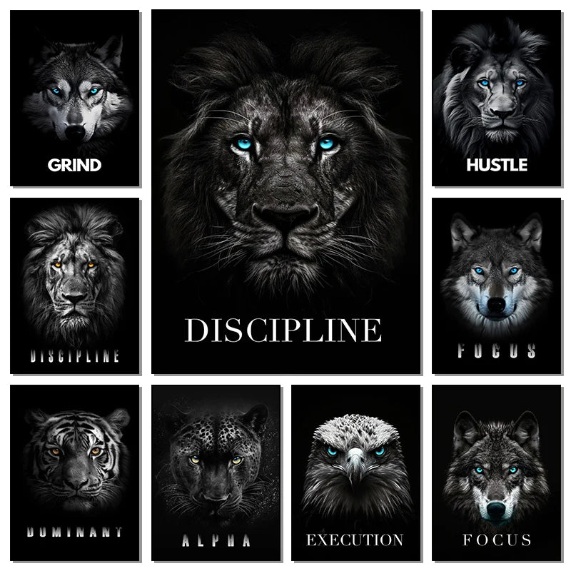 Animal Motivational Wall Art - Lion Wolf Leopard Canvas Prints for Home Office Decor - ZOOMNSTORE
