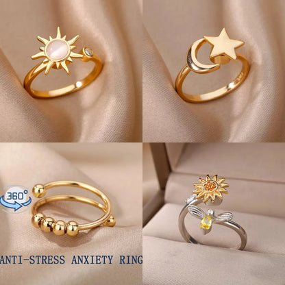Anti Stress Anxiety Fidget Rings for Women Stainless Steel Sunflower Sun Star Spinner Ring Christmas Jewelry Gifts Dropshipping - ZOOMNSTORE