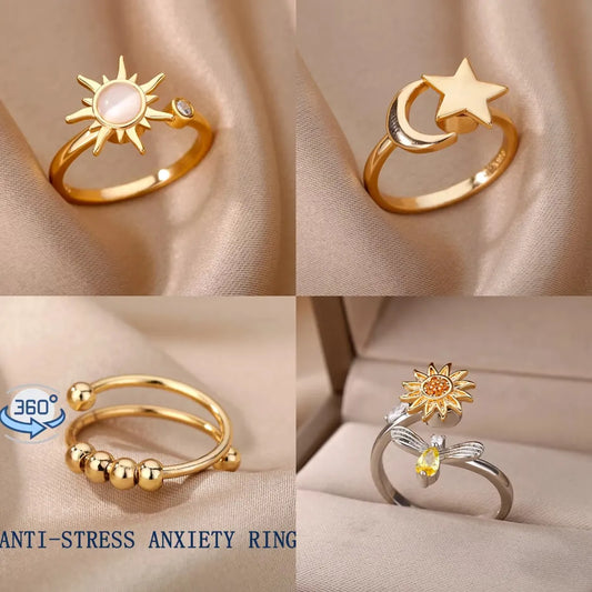 Anti Stress Anxiety Fidget Rings for Women Stainless Steel Sunflower Sun Star Spinner Ring Christmas Jewelry Gifts Dropshipping - ZOOMNSTORE