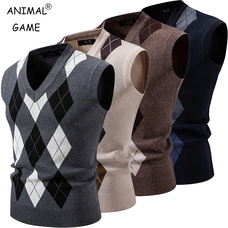 New Mens Argyle Knitwear Vest V Neck Sleeveless Casual Slim Fit Pullover Knitted Sweater Outdoor Streetwear Casual Tank Tops - ZOOMNSTORE