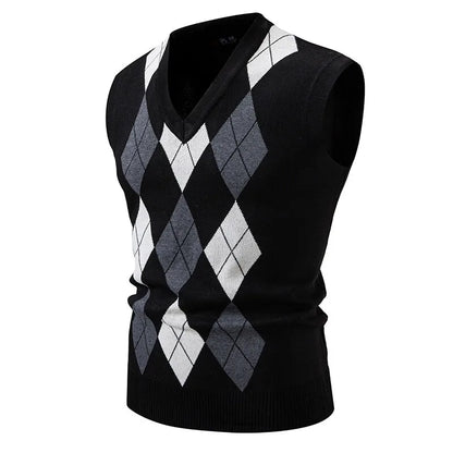 New Mens Argyle Knitwear Vest V Neck Sleeveless Casual Slim Fit Pullover Knitted Sweater Outdoor Streetwear Casual Tank Tops - ZOOMNSTORE