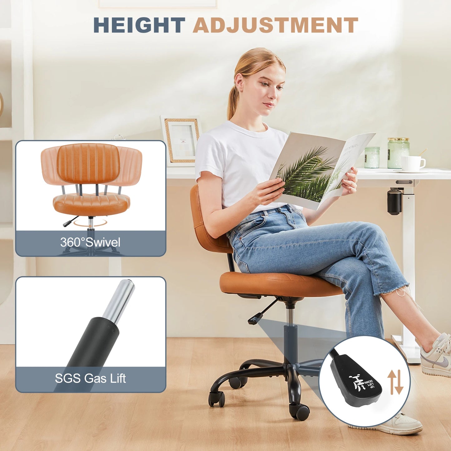 Armless Office Desk Chair - Height Adjustable PU Leather with Lumbar Support and 360 Swivel Wheels - ZOOMNSTORE