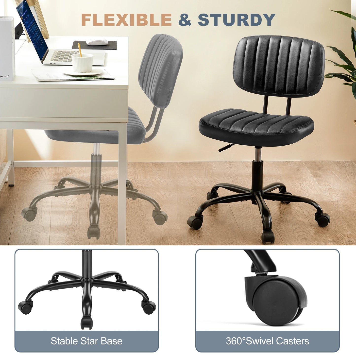 Armless Office Desk Chair - Height Adjustable PU Leather with Lumbar Support and 360 Swivel Wheels - ZOOMNSTORE
