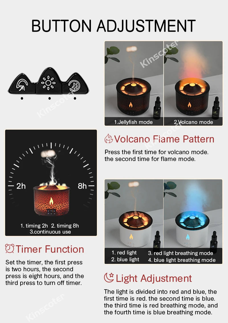 Aroma Diffuser - KINSCOTER Volcano Flame Humidifier with Jellyfish Smoke Ring 360ml - ZOOMNSTORE