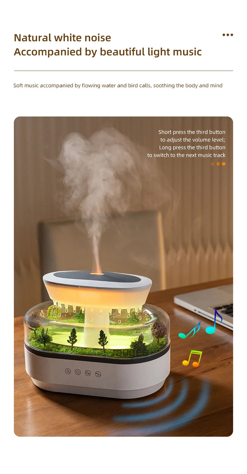 Aroma Humidifier - Raindrop Ultrasonic Mist Diffuser with Colorful Night Light & White Noise - ZOOMNSTORE