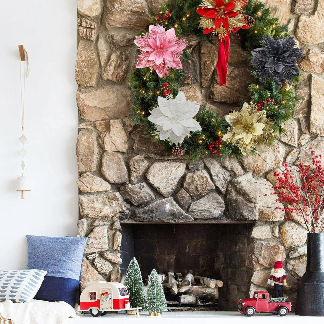 Artificial Christmas Flowers - 20pcs Red, Champagne, White & Gold Wreaths with Clips & Stand - ZOOMNSTORE