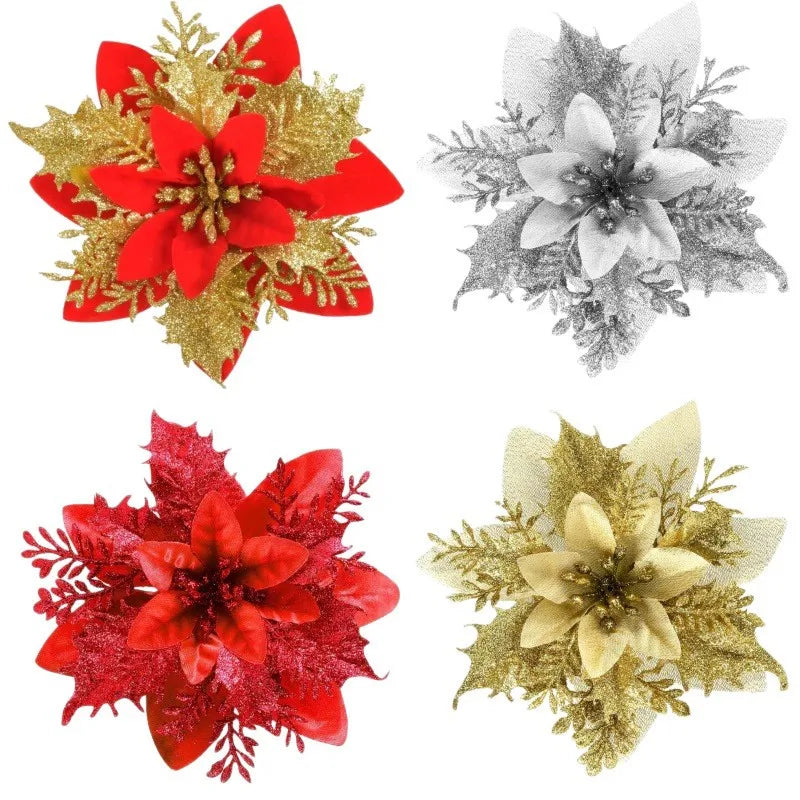 Artificial Christmas Flowers - 20pcs Red, Champagne, White & Gold Wreaths with Clips & Stand - ZOOMNSTORE