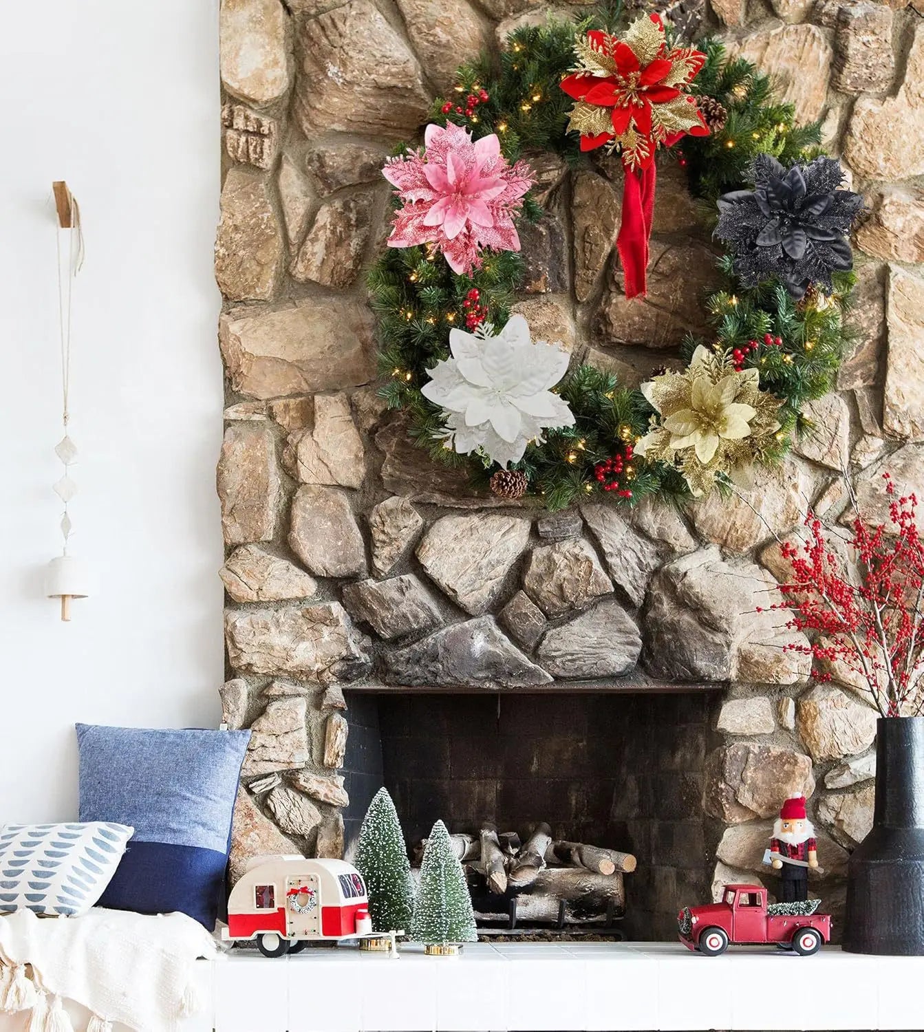 Artificial Christmas Flowers - 20pcs Red, Champagne, White & Gold Wreaths with Clips & Stand - ZOOMNSTORE