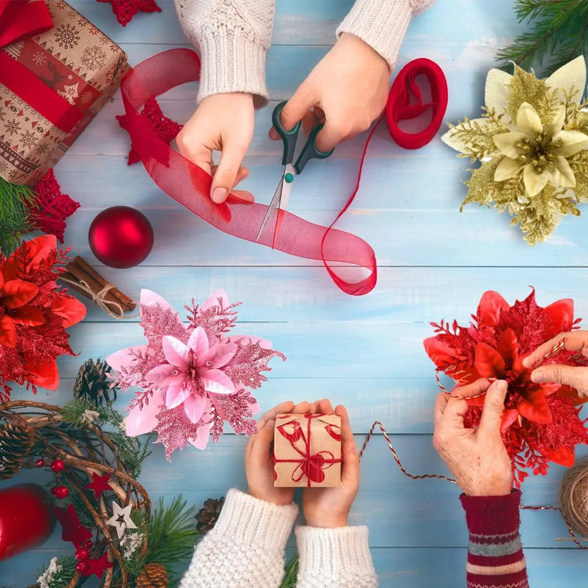 Artificial Christmas Flowers - 20pcs Red, Champagne, White & Gold Wreaths with Clips & Stand - ZOOMNSTORE