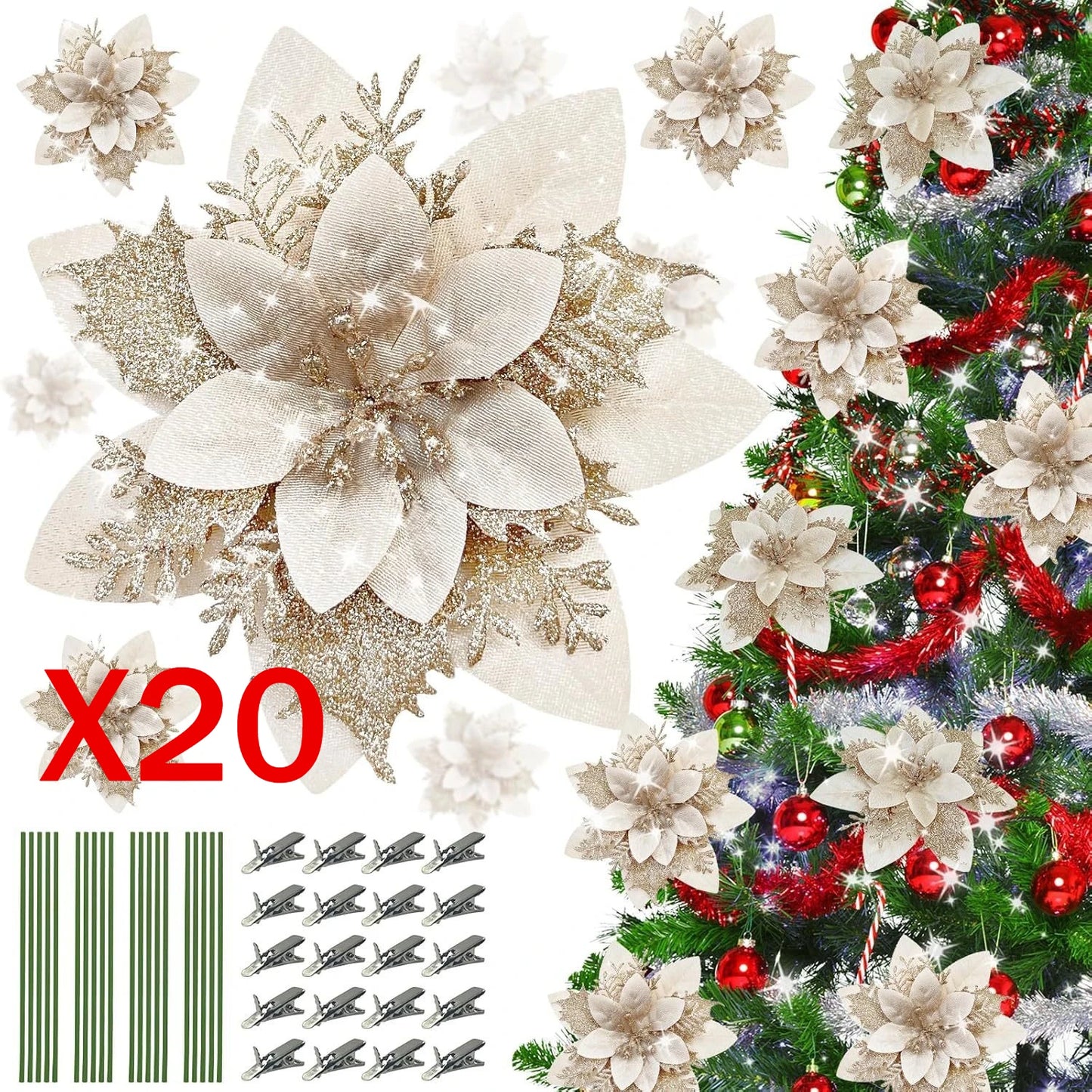 Artificial Christmas Flowers - 20pcs Red, Champagne, White & Gold Wreaths with Clips & Stand - ZOOMNSTORE