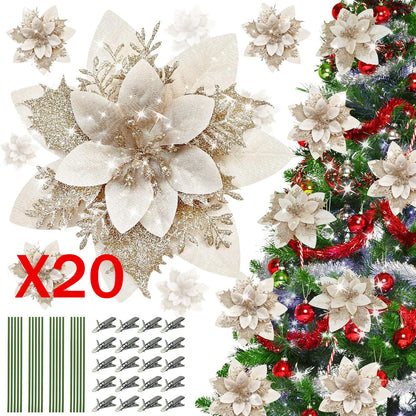 Artificial Christmas Flowers - 20pcs Red, Champagne, White & Gold Wreaths with Clips & Stand - ZOOMNSTORE