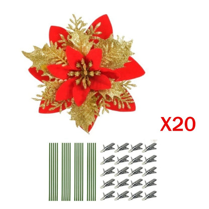 Artificial Christmas Flowers - 20pcs Red, Champagne, White & Gold Wreaths with Clips & Stand - ZOOMNSTORE