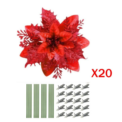 Artificial Christmas Flowers - 20pcs Red, Champagne, White & Gold Wreaths with Clips & Stand - ZOOMNSTORE