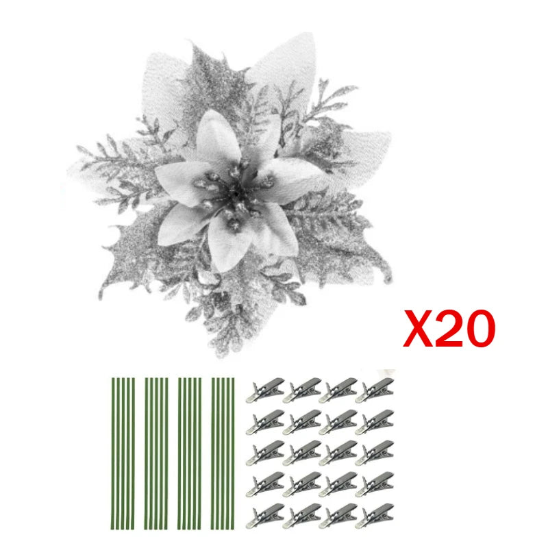 Artificial Christmas Flowers - 20pcs Red, Champagne, White & Gold Wreaths with Clips & Stand - ZOOMNSTORE