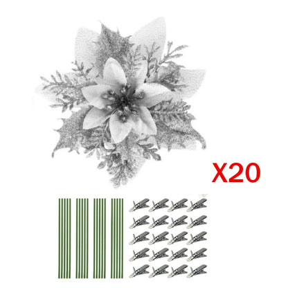 Artificial Christmas Flowers - 20pcs Red, Champagne, White & Gold Wreaths with Clips & Stand - ZOOMNSTORE