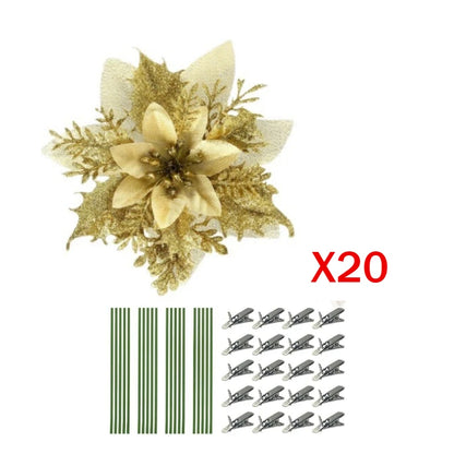 Artificial Christmas Flowers - 20pcs Red, Champagne, White & Gold Wreaths with Clips & Stand - ZOOMNSTORE